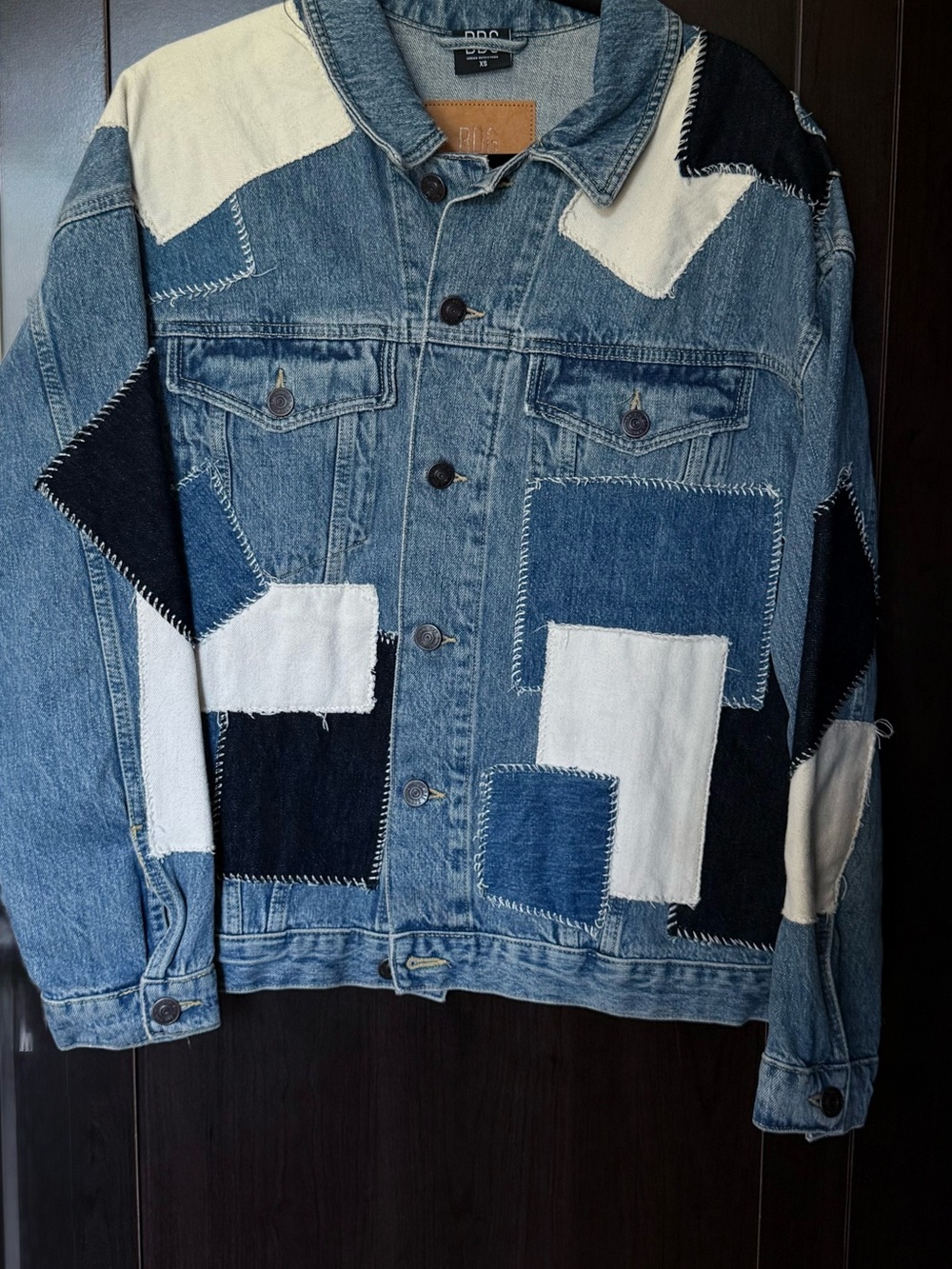 BDG Patchwork Jean Jacket in Blue, White, Black